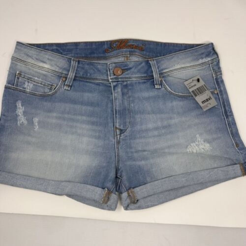 NWT Mavi Womens 27 Roll Tab Pixie Jean Shorts Distressed Aqua Vintage Wash J7